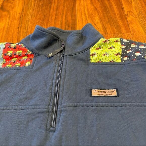 Vineyard Vines Classic Patchwork Christmas Holiday Navy Quarterzip Sweatshirt - Picture 3 of 7